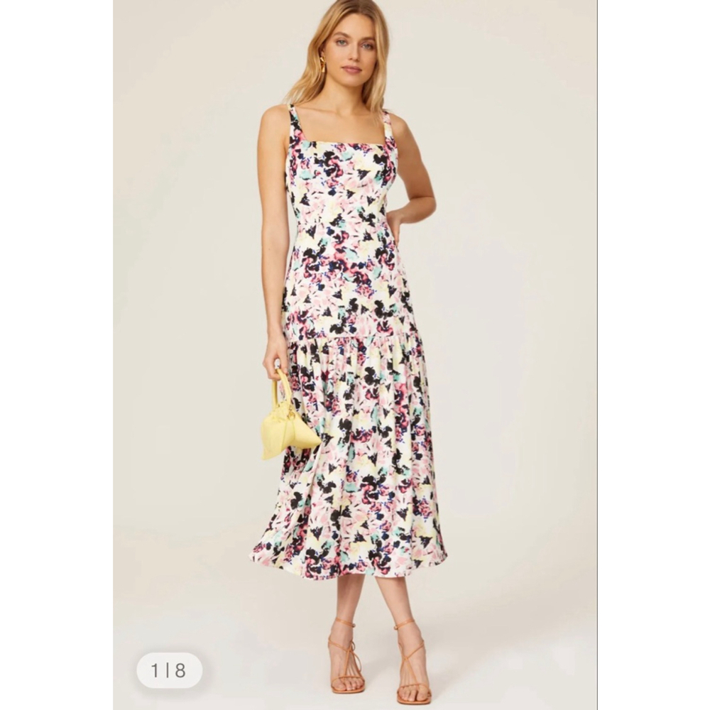 Aidan Mattox Rare Floral Bouquet Print Satin Midi Dress